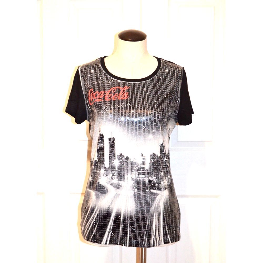 Coca Cola Top Women's M Black Knit Square Sequin World‎ of Atlanta Nightline